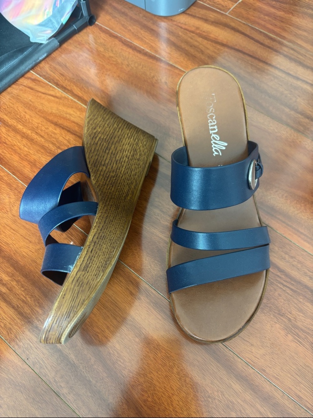 Toscadella Navy Triple-Strap Wedge Slide